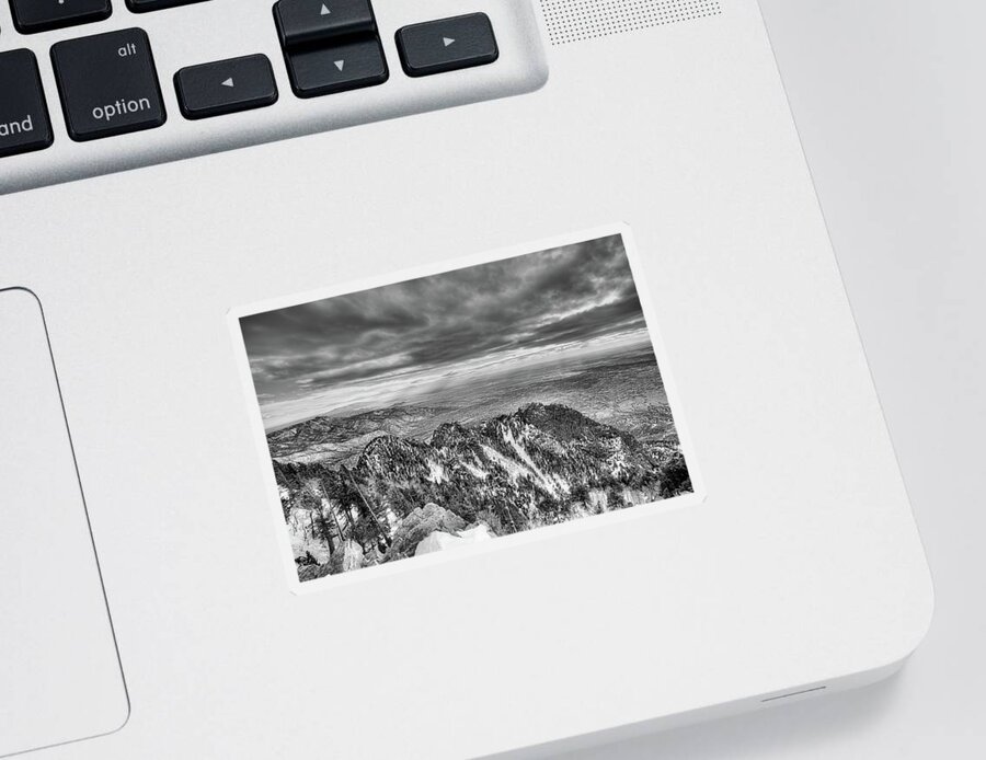 New Mexico Sticker featuring the photograph On Top of the World Sandia Peak Black and White by JC Findley