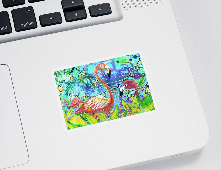 Flamingo Sticker featuring the painting Outdoor flamingo party by Tilly Strauss