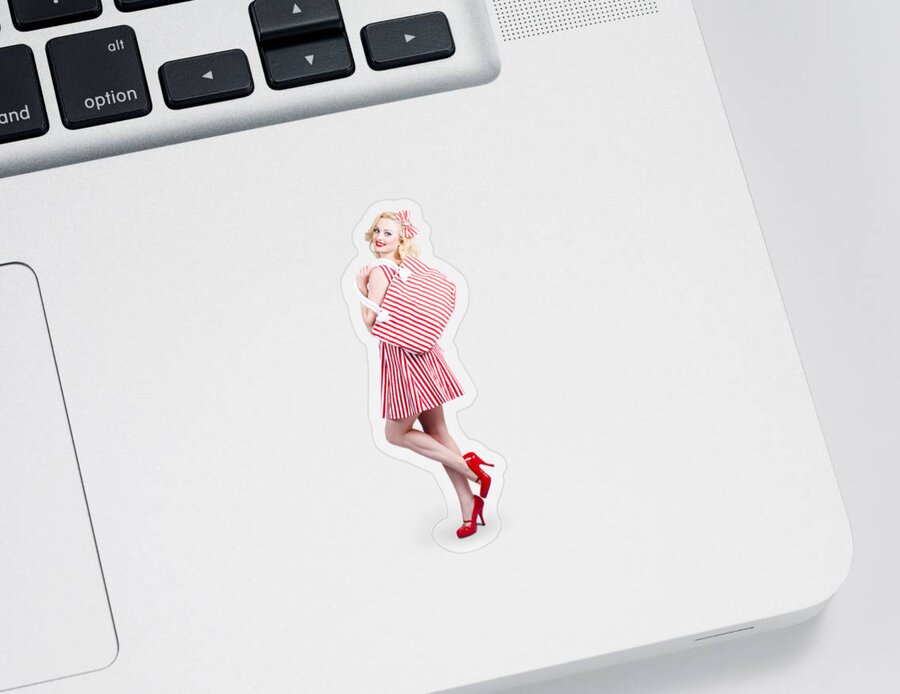 Shopper Sticker featuring the photograph Pin up girl wearing stripped red dress holding bag by Jorgo Photography