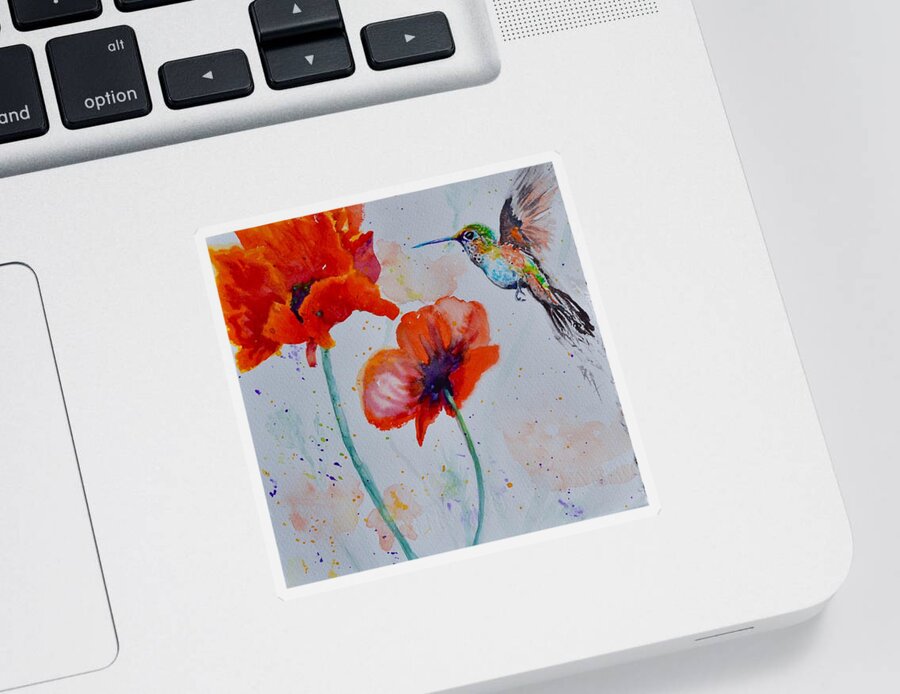 Hummingbird Sticker featuring the painting Plumage And Poppies by Beverley Harper Tinsley