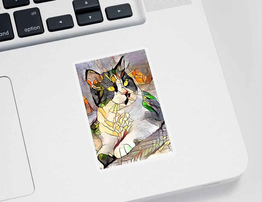 Stained Glass Sticker featuring the digital art Pondering Tuxedo Cat Golden Orange by Don Northup