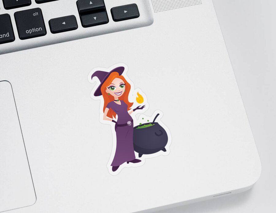 Beautiful Sticker featuring the digital art Pretty Witch with Cauldron by John Schwegel