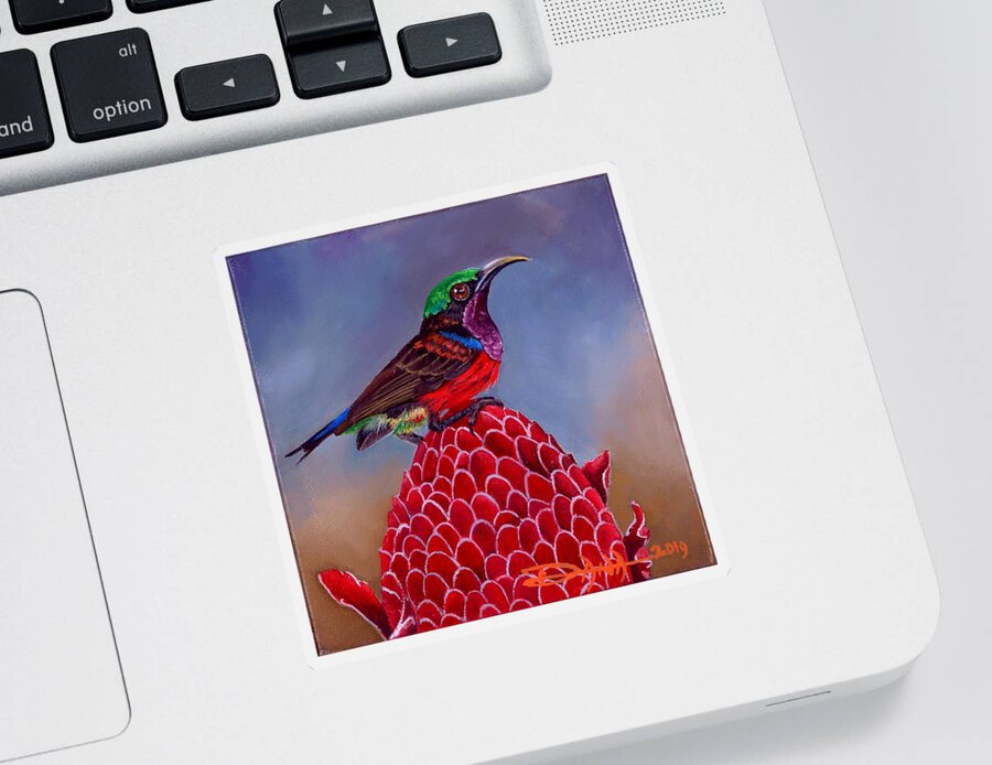 Birds Sticker featuring the painting Purple Throated Sunbird on Red Torch Ginger by Dana Newman