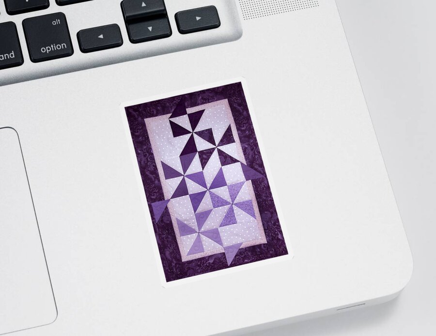 Art Quilt Sticker featuring the tapestry - textile Purple Pinwheels Pirouetting by Pam Geisel