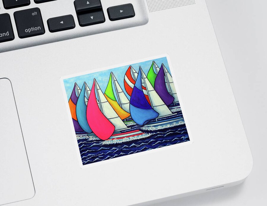 Sailing Sticker featuring the painting Rainbow Racing Regatta by Lisa Lorenz