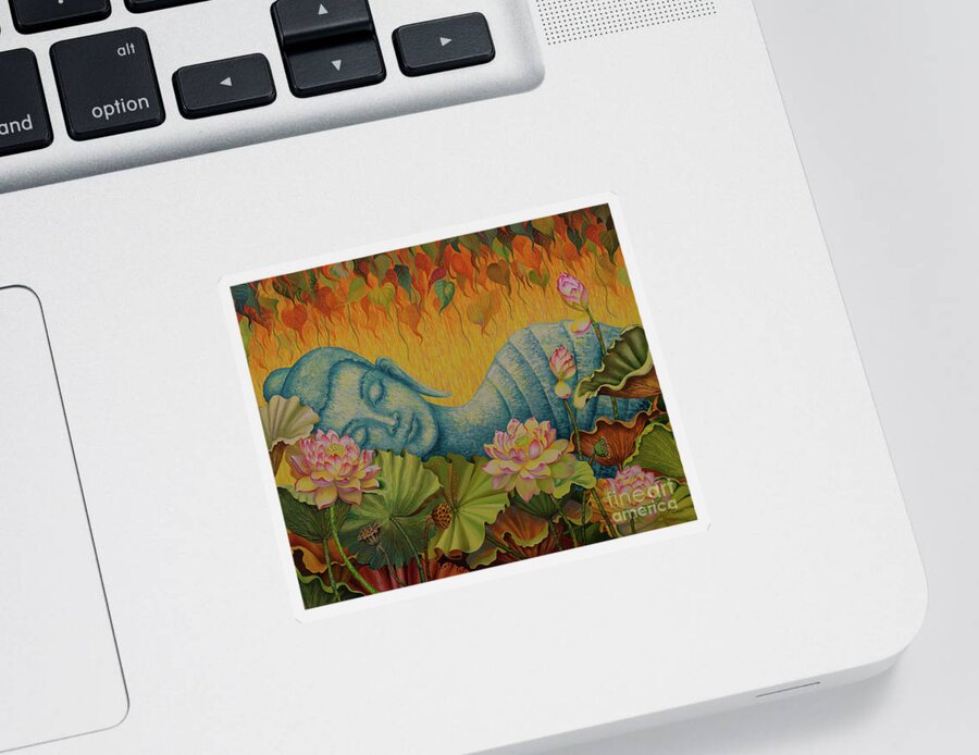 Buddha Paintings Sticker featuring the painting Reclining Buddha triptych central part by Yuliya Glavnaya