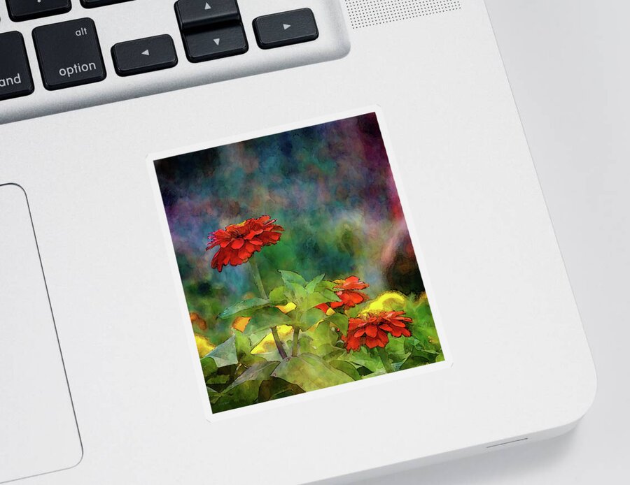 Impressionist Sticker featuring the photograph Red and Orange Zinnias 1297 IDP_2 by Steven Ward