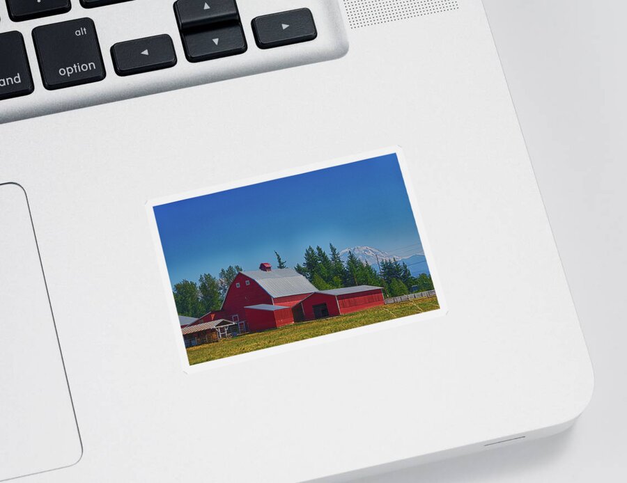 Enumclaw Sticker featuring the photograph Red barn with Mount Rainier by Steve Estvanik