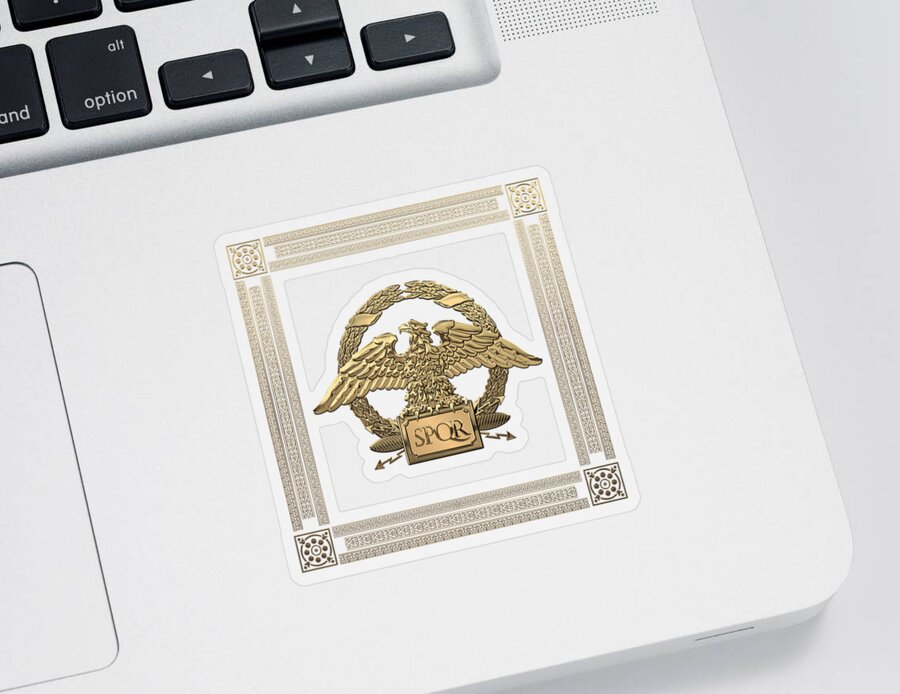 ‘treasures Of Rome’ Collection By Serge Averbukh Sticker featuring the digital art Roman Empire - Gold Roman Imperial Eagle over White Velvet by Serge Averbukh