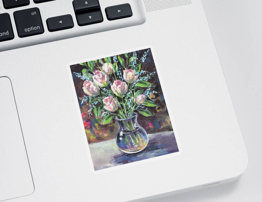 Rose Sticker featuring the painting Roses Bouquet In Glass Vase Floral Impressionism by Irina Sztukowski