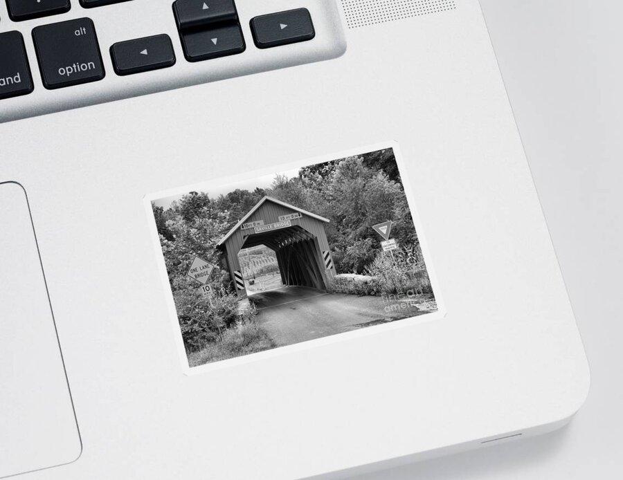 Saville Covered Bridge Sticker featuring the photograph Saville Covered Bridge Lush Landscape Black And White by Adam Jewell