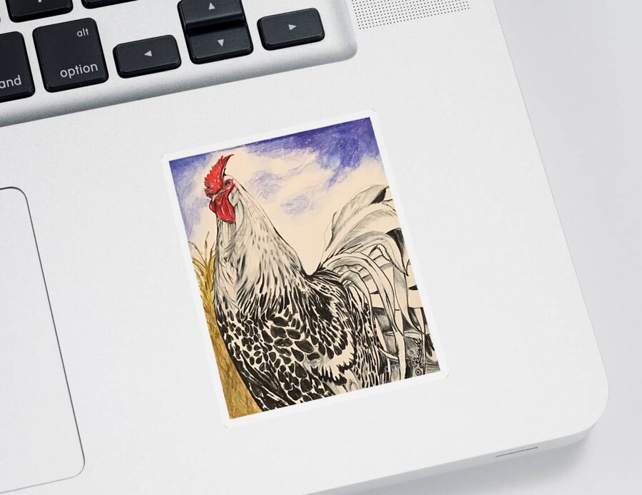 Rooster Sticker featuring the drawing Silver Spangled Hamburg Rooster, Coloured by Laurel Adams