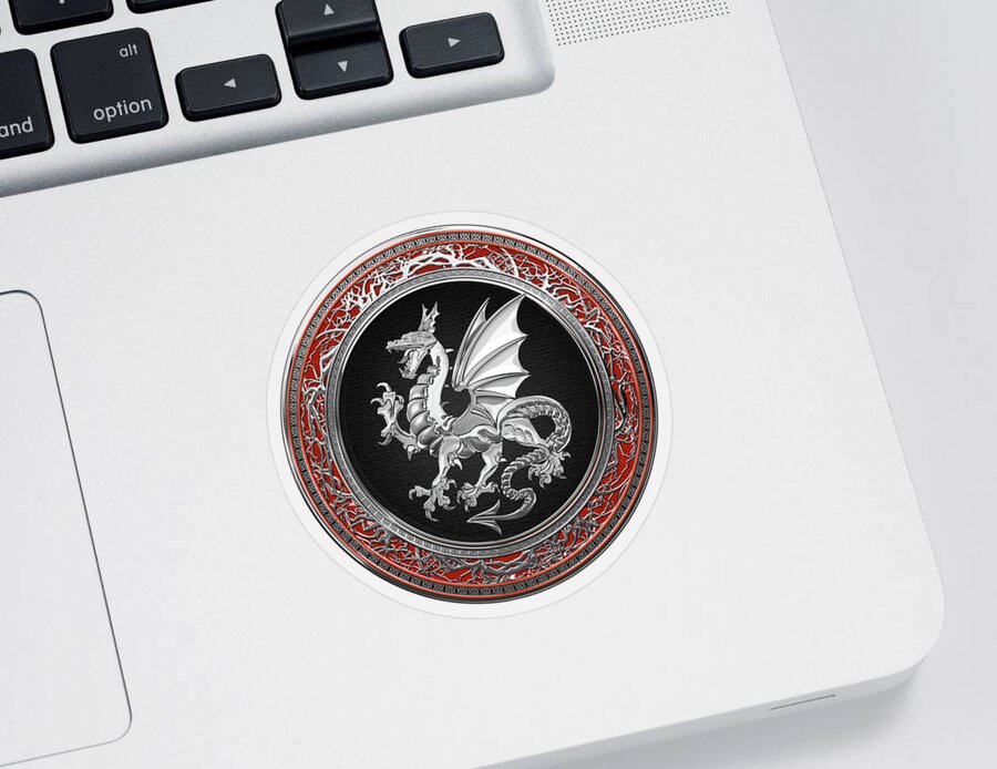 ‘dragons’ Collection By Serge Averbukh Sticker featuring the digital art Silver Winged Norse Dragon - Icelandic Viking Landvaettir on Black and Silver Medallion over Red by Serge Averbukh