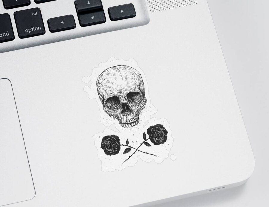 Skull Sticker featuring the drawing Skull N' Roses by Balazs Solti