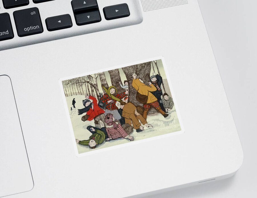 Child Sticker featuring the painting Snowballing by Gillian Lawson