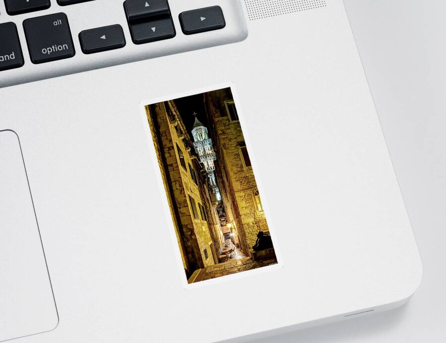 Split Cathedral Sticker featuring the photograph Split Cathedral from the temple of Jupiter at night Croatia by Weston Westmoreland