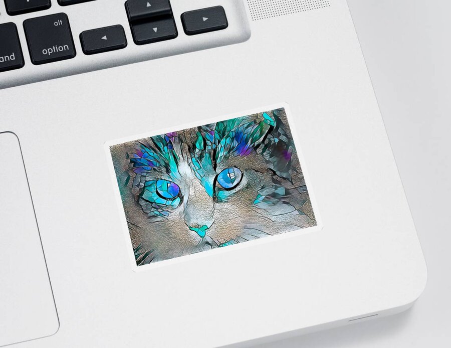 Glass Sticker featuring the digital art Stained Glass Cat Portrait Light Blue by Don Northup