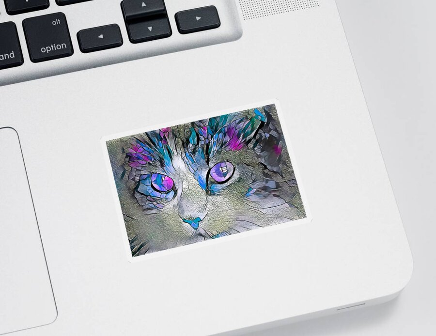 Glass Sticker featuring the digital art Stained Glass Cat Portrait Purple and Blue by Don Northup