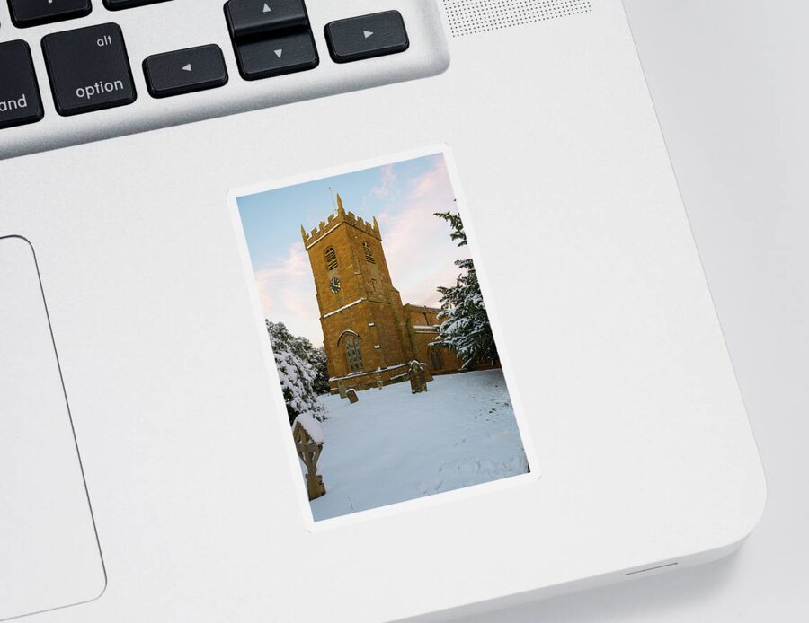 Village Sticker featuring the photograph Stone Church in the Snow at Sunset by Mark Hunter