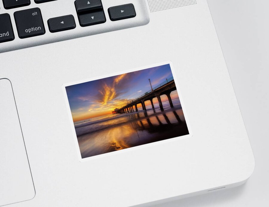 Beach Sticker featuring the photograph Stunning Sunset at Manhattan Beach Pier by Andy Konieczny