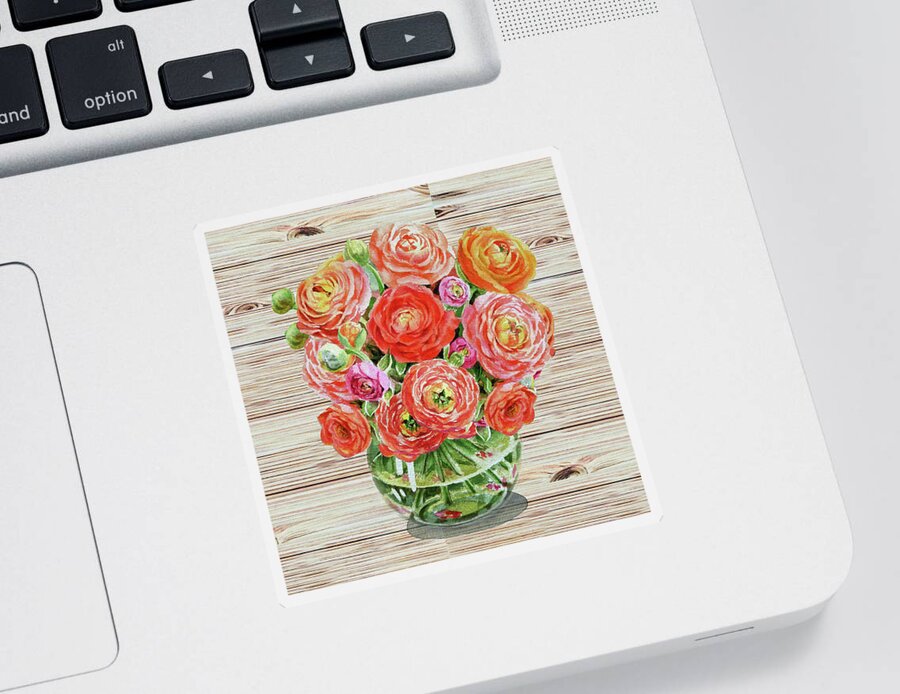 Flowers Sticker featuring the painting Summer Bouquet Ranunculus Flowers In The Glass Vase by Irina Sztukowski
