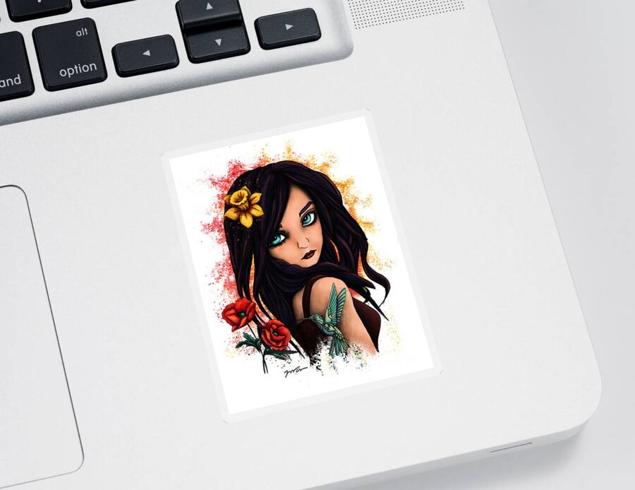 Summer Sticker featuring the painting Anime girl semi-realistic portrait, woman with humminbird by Nadia CHEVREL