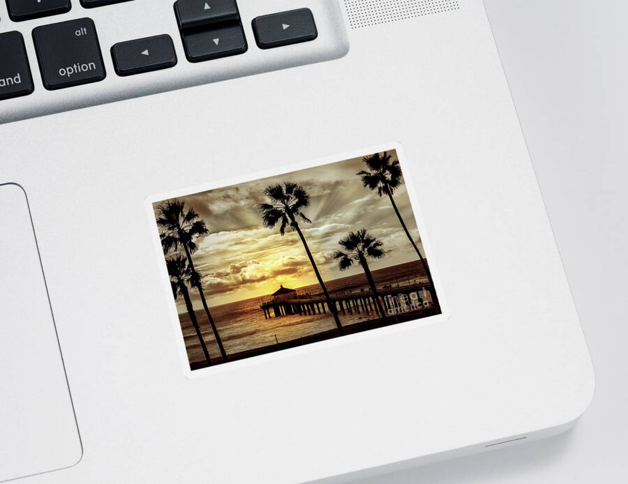 Manhattan Beach California Pier Sticker featuring the photograph Sun Setting On Pier  by Jerry Cowart