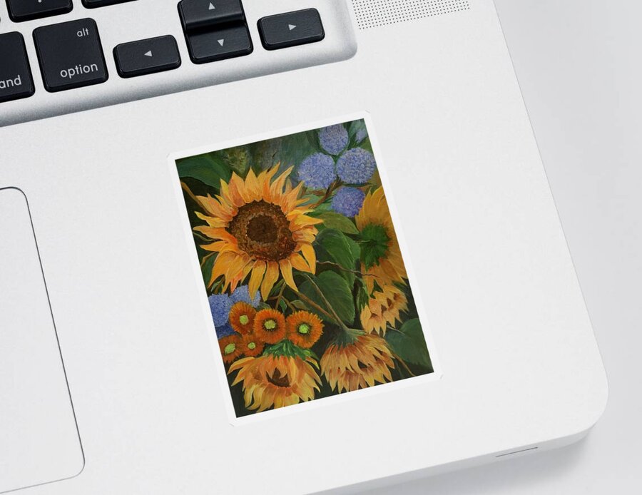 Sunflowers. Large Leaves Sticker featuring the painting Sunflowers in my Garden by Jane Ricker