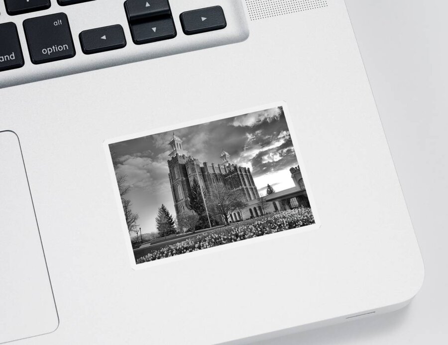 Logan Temple Sticker featuring the photograph Sunset Over The Logan Temple Black And White by Adam Jewell