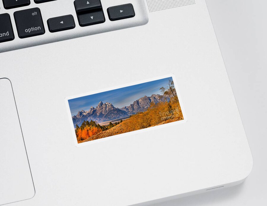 Grand Teton Sticker featuring the photograph Tetons Over The Golden Aspens Panorama by Adam Jewell