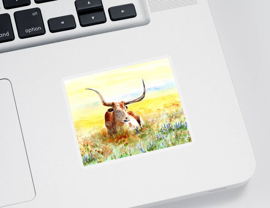 Longhorn Sticker featuring the painting Texas Longhorn, Bluebonnets and Sunshine by Carlin Blahnik CarlinArtWatercolor