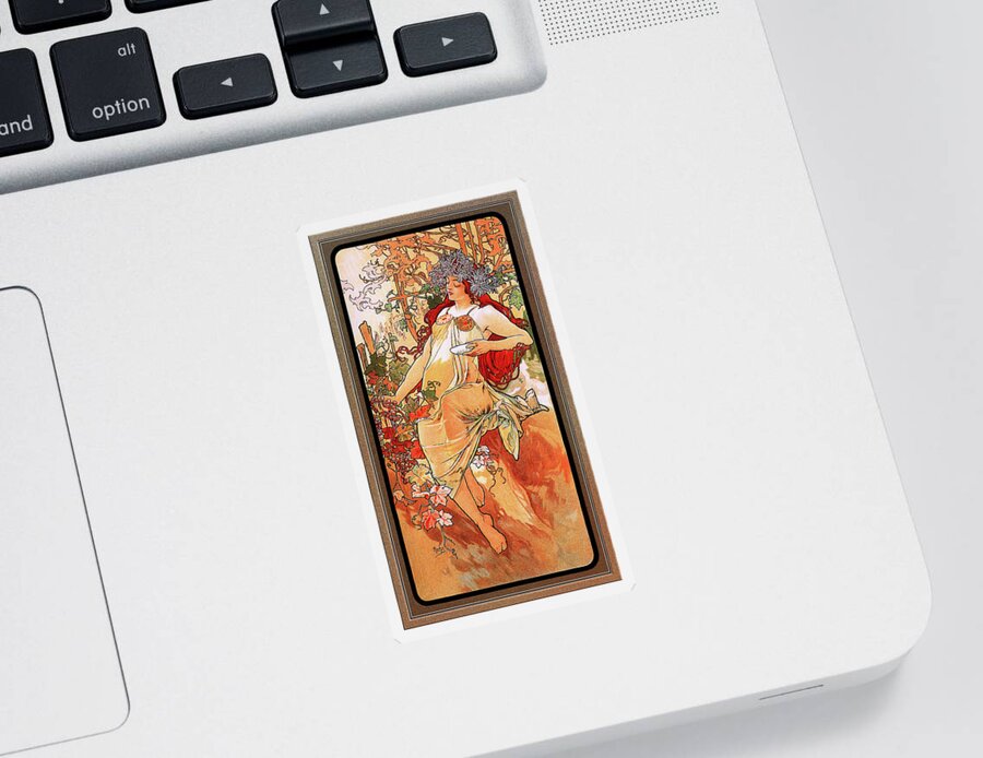 The Autumn Sticker featuring the painting The Autumn by Alphonse Mucha by Rolando Burbon