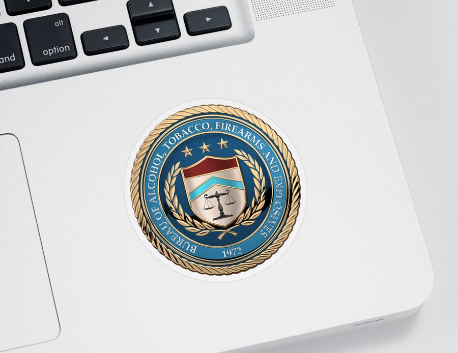  ‘law Enforcement Insignia & Heraldry’ Collection By Serge Averbukh Sticker featuring the digital art The Bureau of Alcohol, Tobacco, Firearms and Explosives - A T F Seal over Blue Velvet by Serge Averbukh