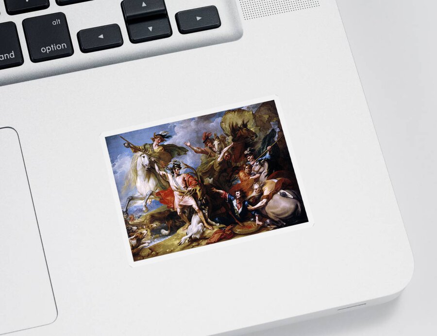 The Death Of The Stag Sticker featuring the painting The Death of the Stag by Benjamin West by Rolando Burbon