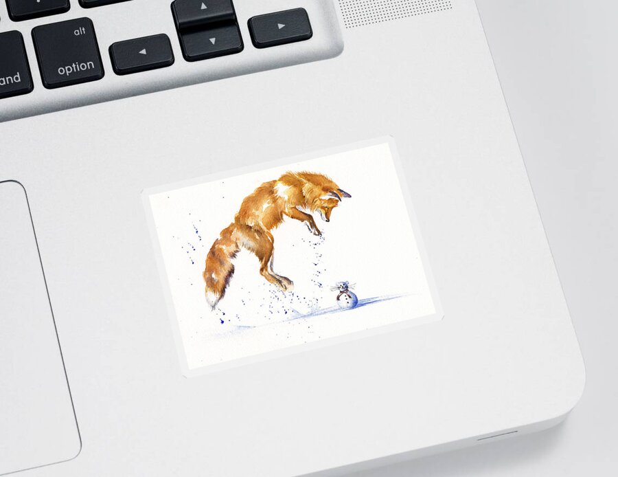 Fox Sticker featuring the painting Leaping Fox - The Snowmouse by Debra Hall