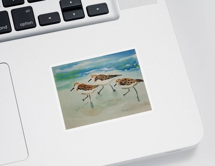 Plovers Sticker featuring the painting Three birds at the beach by Ann Frederick