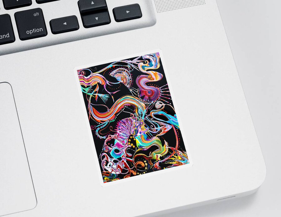 Exotic Dynamic Dramatic Compelling Vibrant Fun Colorful Charming Energetic Abstract Fantasy Sticker featuring the painting Transformation Fantasy 5502 by Priscilla Batzell Expressionist Art Studio Gallery