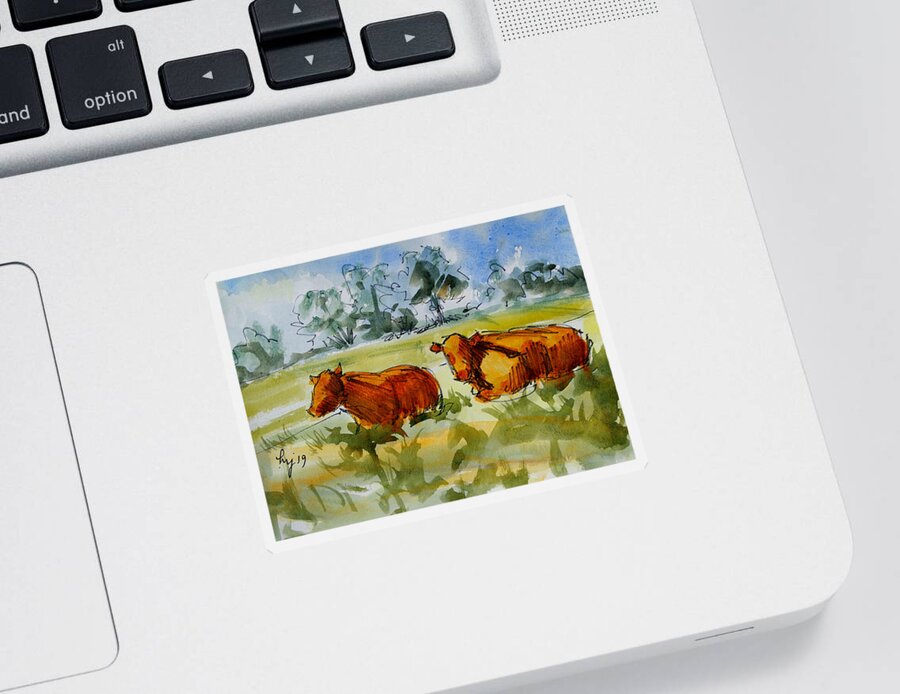 Cow Sticker featuring the mixed media Two Red Poll Cows Lying Down Watercolour Painting by Mike Jory