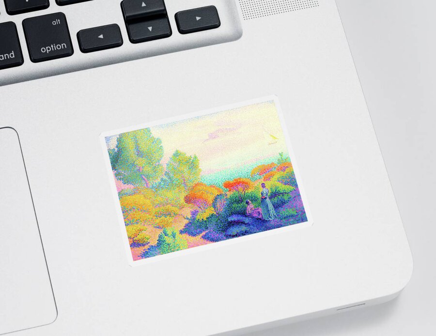 Two Women By The Shore Sticker featuring the painting Two Women by the Shore, Mediterranean - Digital Remastered Edition by Henri Edmond Cross