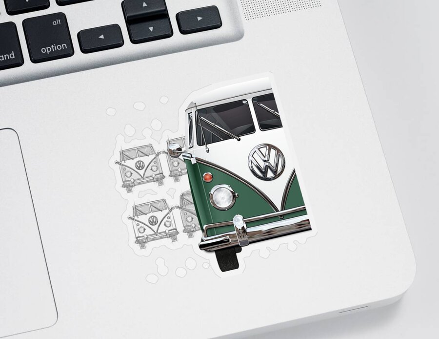 ‘volkswagen Type 2’ Collection By Serge Averbukh Sticker featuring the digital art Volkswagen Type 2 - Green and White Volkswagen T1 Samba Bus over Vintage Sketch by Serge Averbukh