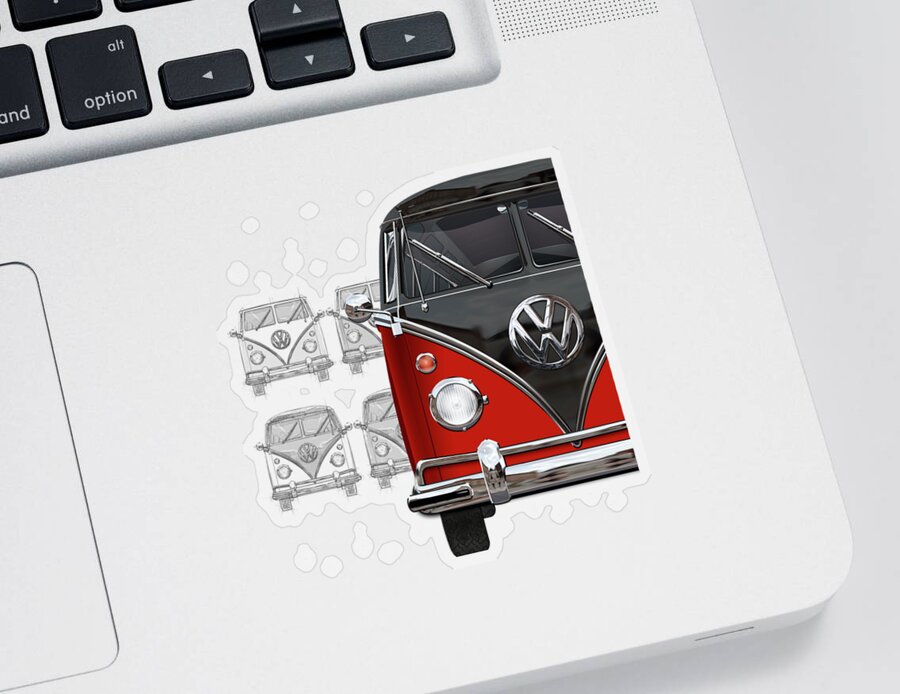 ‘volkswagen Type 2’ Collection By Serge Averbukh Sticker featuring the digital art Volkswagen Type 2 - Red and Black Volkswagen T1 Samba Bus over Vintage Sketch by Serge Averbukh