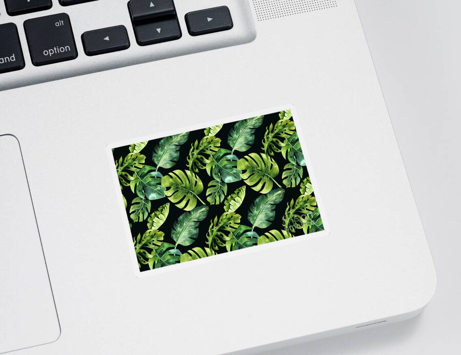 Botanical Sticker featuring the digital art Watercolor Botanical Tropical Palm Leaves on Solid Black Background by PIPA Fine Art - Simply Solid
