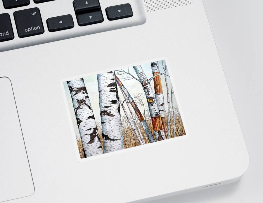 Birch Sticker featuring the painting Wild Birch Trees in the Forest in watercolor by Christopher Shellhammer