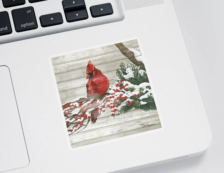 Winter Sticker featuring the painting Winter Red Bird On Wood I by Tiffany Hakimipour