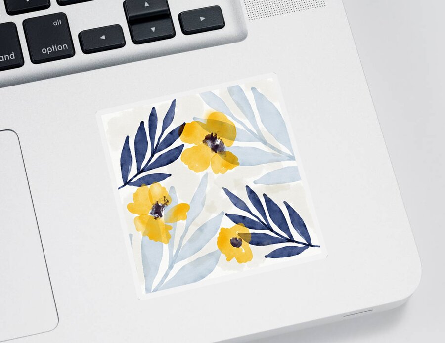 Flowers Sticker featuring the mixed media Yellow and Navy 1- Floral Art by Linda Woods by Linda Woods