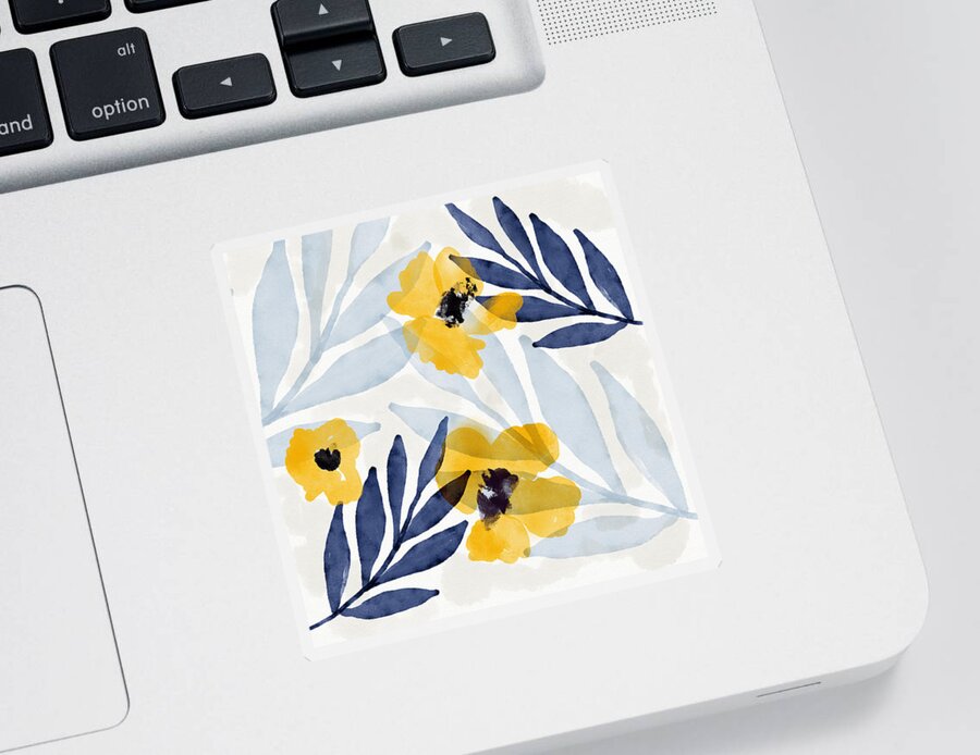 Flowers Sticker featuring the mixed media Yellow and Navy 2- Floral Art by Linda Woods by Linda Woods