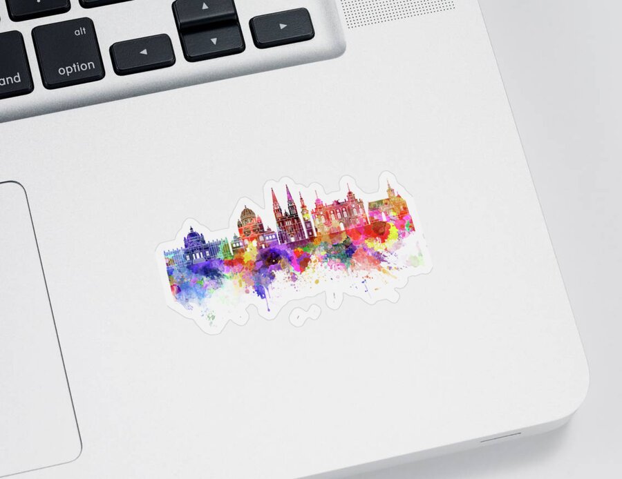 Zagreb; Skyline; Croatia; Watercolor; Background; Abstract; Paint; Color; Splash; Colorful; Art; Texture; Grunge; Illustration; Bright; Splatter; Creativity; Architecture; Cityscape; Landmark; Monuments; Panoramic Sticker featuring the painting Zagreb skyline in watercolor background by Pablo Romero