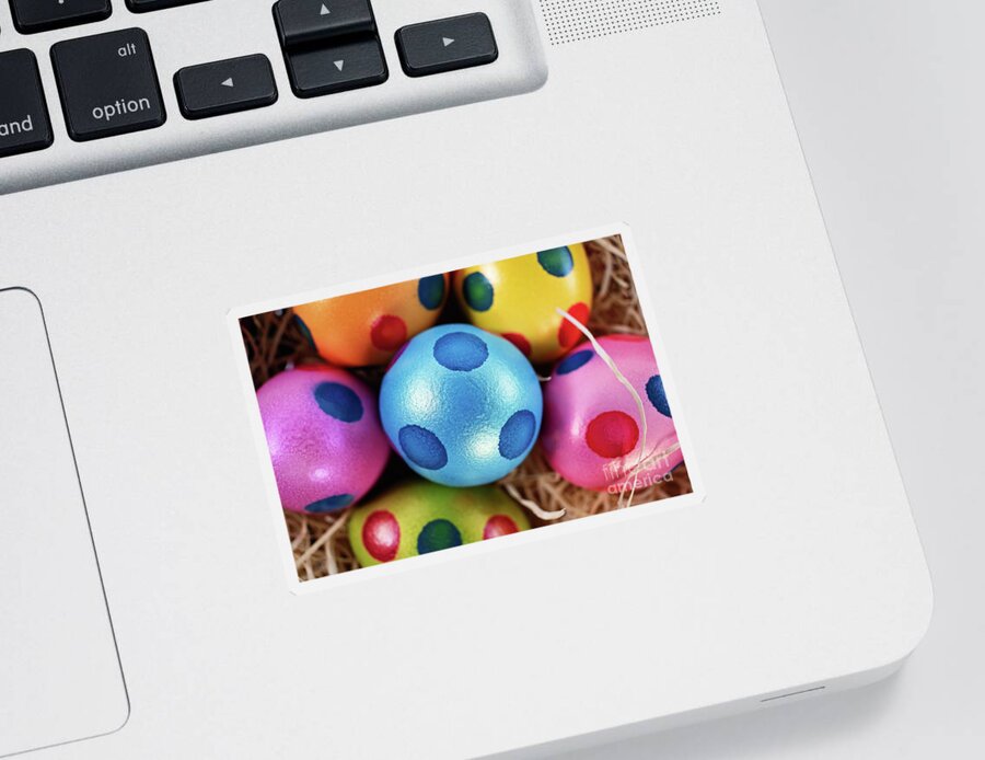 Easter Sticker featuring the photograph Colorful Easter eggs with polka dots in a basket #1 by Mendelex Photography