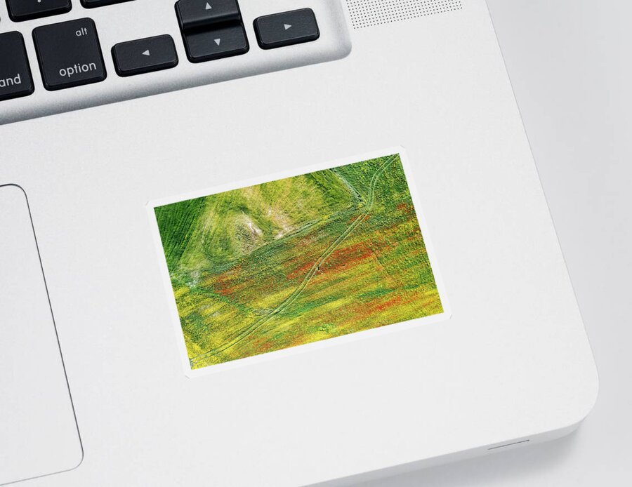 Spring Sticker featuring the photograph Drone aerial field with yellow blooming and red flowers. Spring landscape background #1 by Michalakis Ppalis
