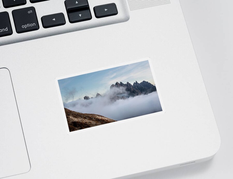 Italian Alps Sticker featuring the photograph Mountain landscape with fog in autumn. Tre Cime dolomiti Italy. by Michalakis Ppalis